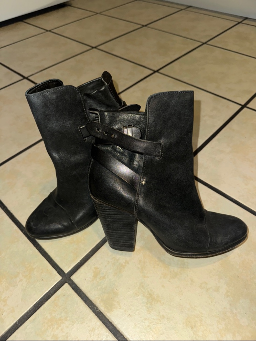 rag & bone Black Leather Stacked-Heel Ankle Boots